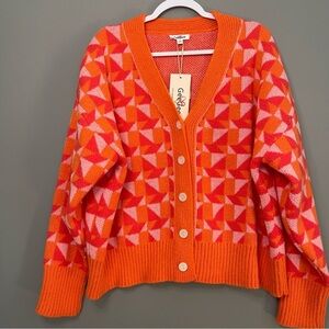 GEEGEE Plus Size Women's Orange and Pink Geometric Sweater Cardigan 2XL